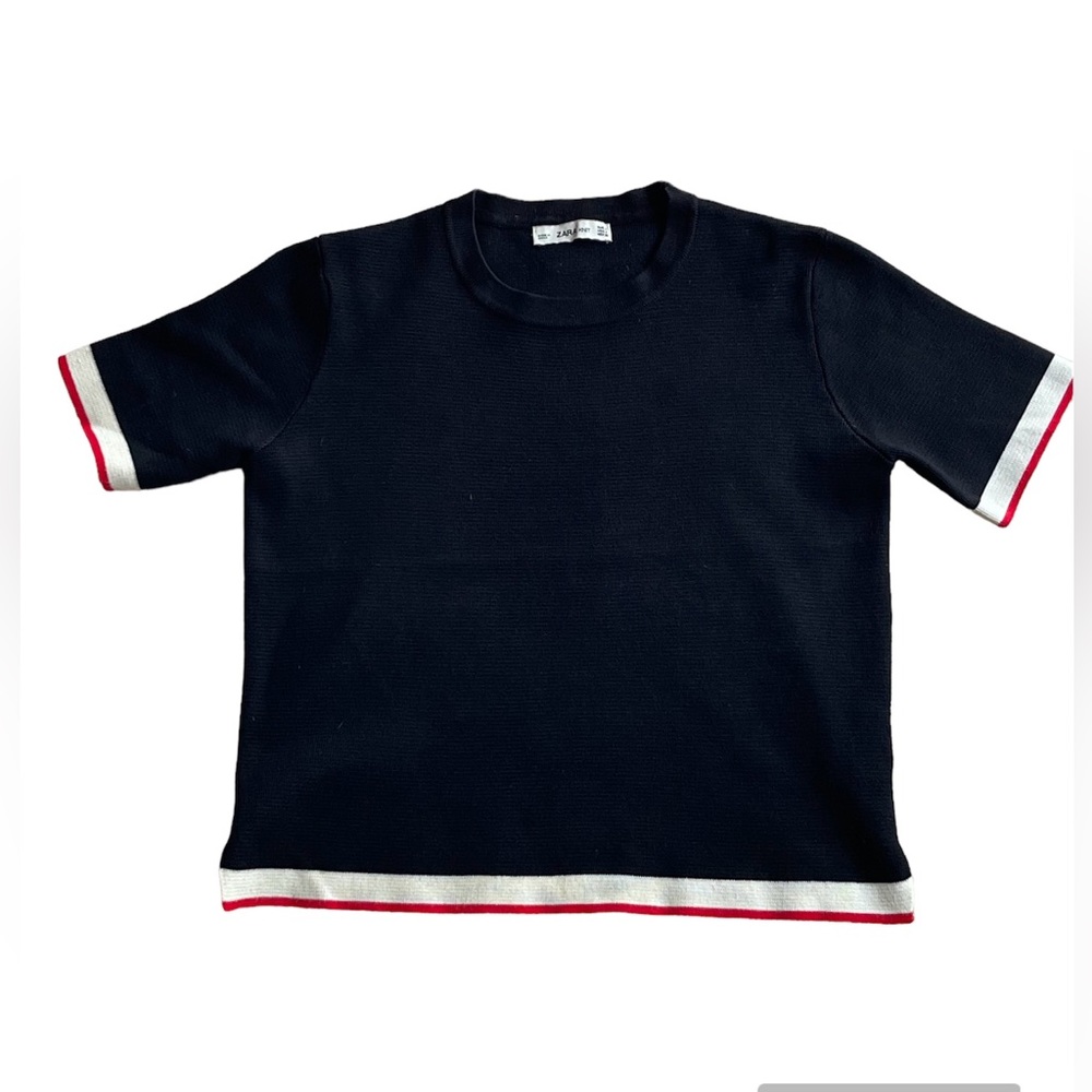 Zara Small Black Knit Top Short Sleeve Red & Off-white Stripes on Hem & Sleeve